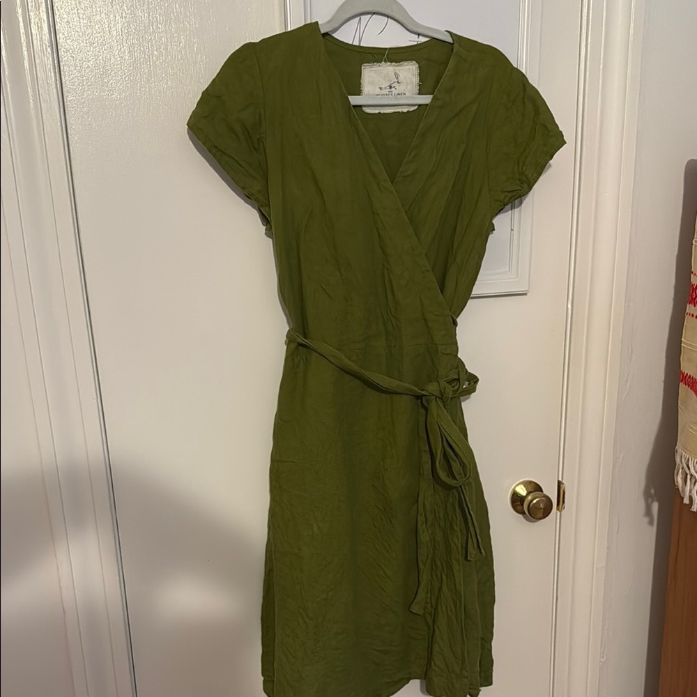 Olive Green Linen Wrap Dress